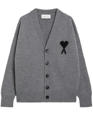 Ami Paris Ami De Coeur V-Neck Cardigan - Grey