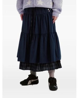 Mini Cream Tiered Check-Pattern Midi Skirt - Blue