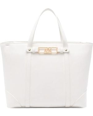ARMANI EXCHANGE Logo-Plaque Leather Tote Bag - White