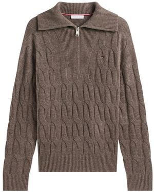 Tommy Hilfiger Cable-Knit Quarter-Zip Jumper - Brown
