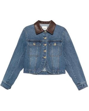 Sandro Leather-Collar Button-Up Denim Jacket - Blue