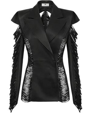 Elisabetta Franchi Double-Breasted Fringed Leather Jacket - Black