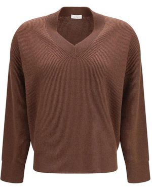 Brunello Cucinelli Ribbed-Knit V-Neck Jumper - Brown