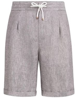Brunello Cucinelli Linen And Hemp Diagonal Bermuda Shorts With Drawstring And Double Pleats - Grey