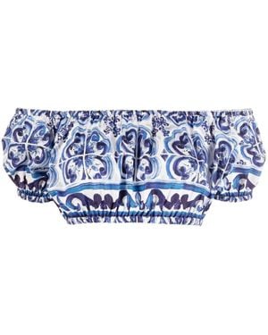 Dolce & Gabbana Maiolica Printed Cotton Cropped Top With Short Sleeves - Blue