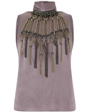Alberta Ferretti Fringe-Detail Satin-Finish Top - Brown