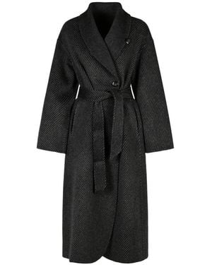 Emporio Armani Belted Diagonal-Stripe Coat - Black