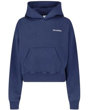 Sporty & Rich Logo-Print Pouch-Pocket Hoodie - Blue