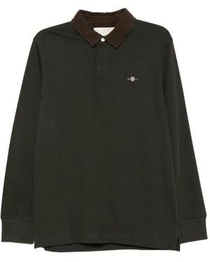 GANT Corduroy-Collar Long-Sleeve Polo Shirt - Black