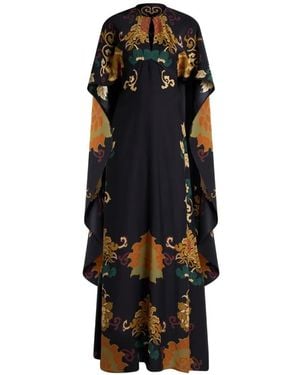 Etro Long Silk Dress With Cape And Placed Floral-Print - Black