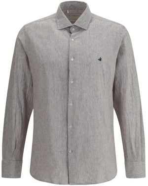 Brooksfield Striped Embroidered-Logo Shirt - Grey