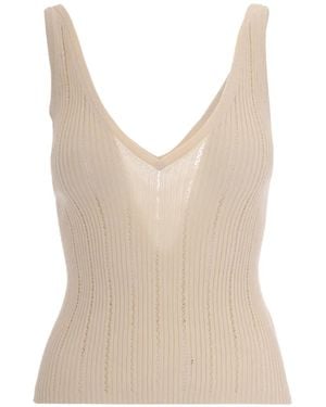 Sessun Geribbelde Top Met V-Hals - Naturel