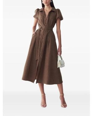 Willa Eliza Belted Puff-Sleeve Midi Dress - Brown
