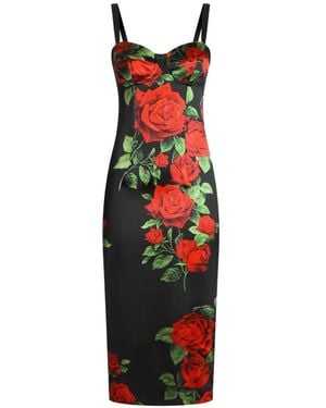 Dolce & Gabbana Roses Print Silk Midi Dress - Red