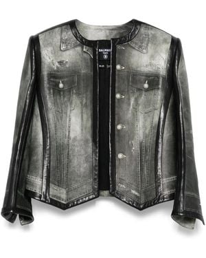 Balmain Denim-Print Leather Jacket - Black