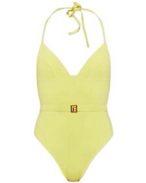 Balmain Belted Logo-Plaque Swimsuit - Yellow