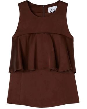 Ganni Ruffled-Satin Top - Brown