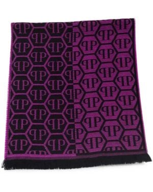Philipp Plein Monogram-Pattern Fringed Scarf - Purple