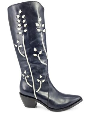 Madison Maison Tall Floral-Embroidery Boots - Blue