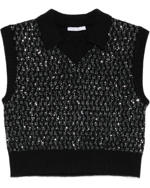Patrizia Pepe Deep V-Neck Sequined Vest With Ribbed Detailing - Black