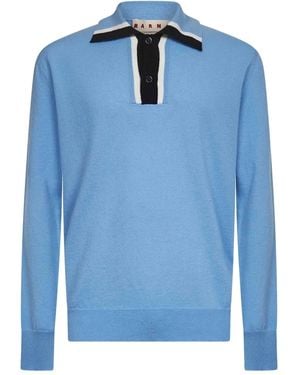 Marni Ribbed-collar striped polo shirt - Blau
