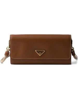 Prada Leather Wallet With Shoulder Strap - Brown