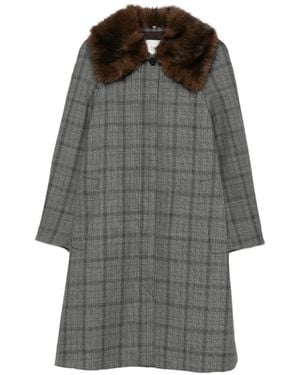 Tela Check Faux-Fur Collar Coat - Grey