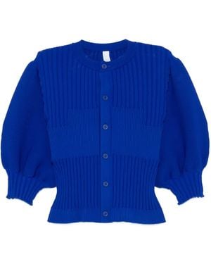 CFCL Fluted Ribbed Puff-Sleeve Cardigan - Blue