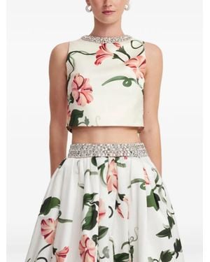 LEO LIN Floral-Print Crystal-Embellished Top - White
