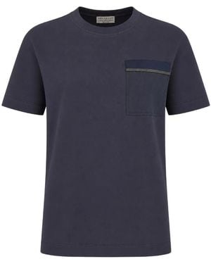 Brunello Cucinelli Monili-Trimmed Pocket T-Shirt - Blue