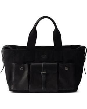 Prada Route Large Canvas And Leather Tote Bags - Black