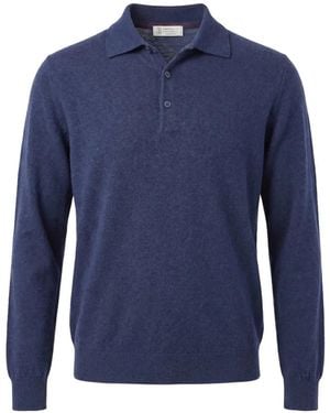 Brunello Cucinelli Long-Sleeve Cashmere Polo-Collar Jumper - Blue