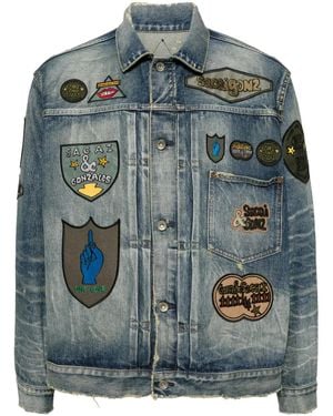 Sacai Patch-Embellished Button-Up Denim Jacket - Blue