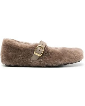 Birkenstock Santa Clarita Shearling-Trim Buckle-Strap Ballet Flats - Brown