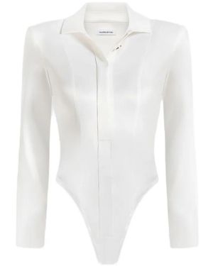 Manière De Voir Louise Wide-Shoulder Satin Shirt Bodysuit - White