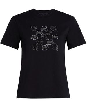 KARL LAGERFELD Rhinestone Cat-Face T-Shirt - Black