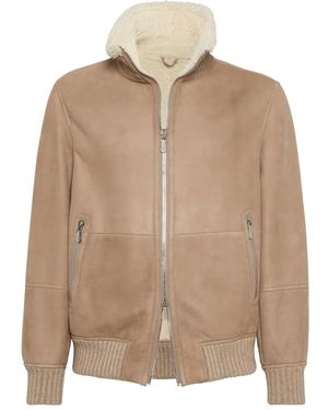 Brunello Cucinelli Shearling-Collared Suede Jacket - Natural