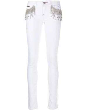 Philipp Plein Vaqueros Slim Con Flecos De Cristales - Blanco