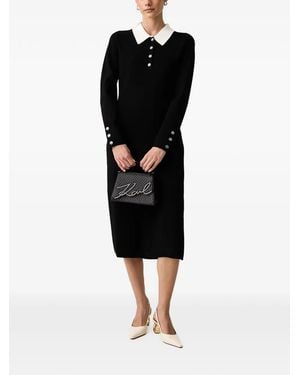 KARL LAGERFELD Logo-Button Contrast-Collar Midi Dress - Black