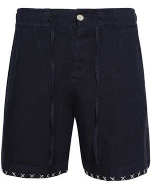 The Elder Statesman Contrasting-Stitch Linen Shorts - Blue