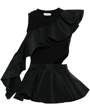 McQueen Cotton Ruffled Asymmetric Top - Black
