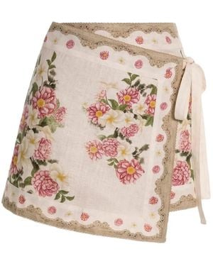 Agua Bendita Luna Paraiso Floral-Print Linen Asymmetric Skirt - Pink