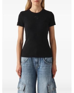 Pinko Fine-Rib T-Shirt With Love Birds Embroidery - Black