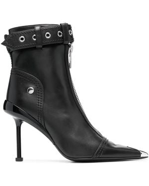 McQueen Leather Ankle Boots With Zippered Closure And Adjustable Buckle - Black