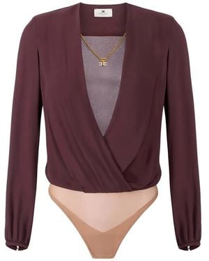 Elisabetta Franchi Long-Sleeved Pendant-Necklace Bodysuit - Purple