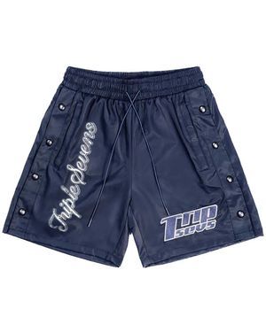 Triple Sevens Logo-Embroidered Button-Up Shorts - Blue