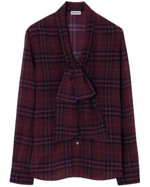 Burberry Check Silk Scarf Blouse - Purple