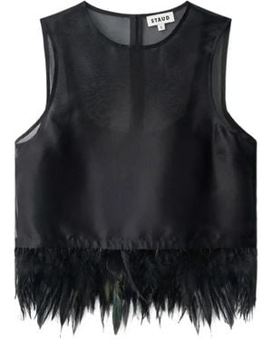 STAUD Avi Feather-Trim Mesh Top - Black