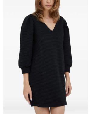 Sisley Ribbed Puff-Sleeve Mini Dress - Black