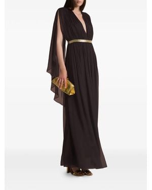 Alberta Ferretti Pleated V-Neck Maxi Dress - Brown